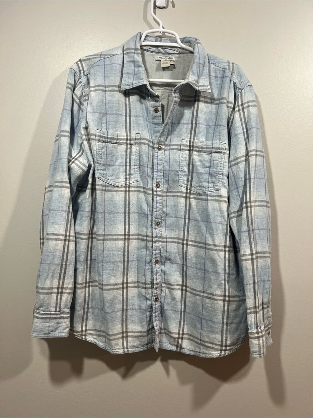 Carbon2Cobalt Men's Cotton Light Blue Plaid Button-Down Shirt Size Large